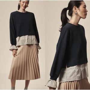 NWT Anthropologie Maeve Striped Trim Twofer Sweatshirt Navy Blue Size S